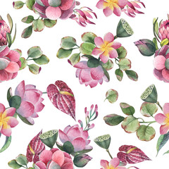 Watercolor seamless pattern, bouquet of green leaves, pink and red tropic flowers isolate in white background.
