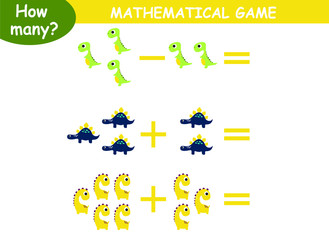 examples of addition and subtraction with dinosaurs. educational page with mathematical examples for children.