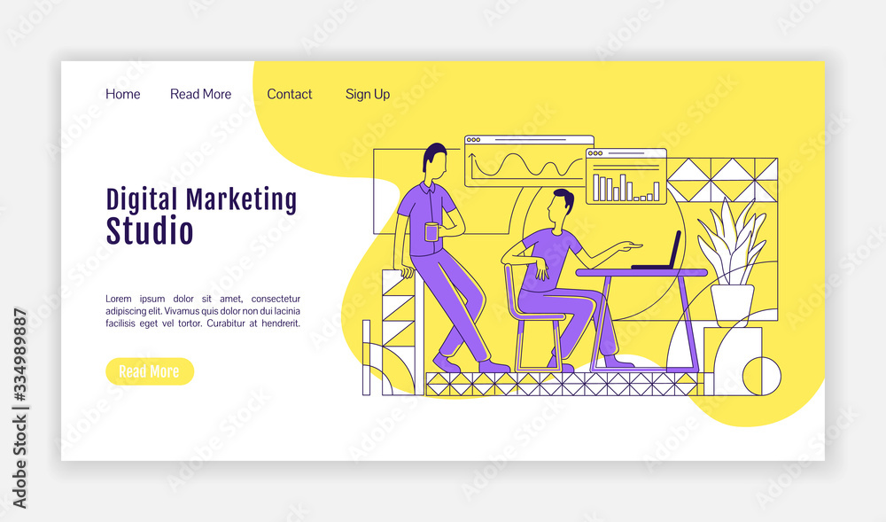Poster digital marketing studio landing page flat silhouette vector template. seo analysis homepage layout.