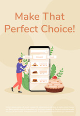 Baking online ordering poster flat vector template. Restaurant and certified home-kitchen menu brochure, booklet one page concept design with cartoon characters. Desserts choice flyer, leaflet