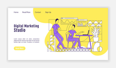 Obraz na płótnie Canvas Digital marketing studio landing page flat silhouette vector template. SEO analysis homepage layout. Online advertisement one page website interface with outline characters. Web banner, webpage
