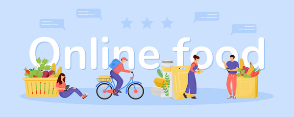 Obraz premium Grocery ordering and delivery word concepts flat color vector banner. Online food typography with tiny cartoon characters. Products order mobile app, courier service creative illustration