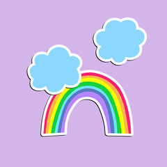 Cute spring stickers. Colorful clouds and rainbow. Isolated icon on color background. Vector cartoon illustration. Hand drawn design, doodle style.