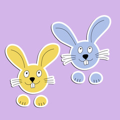 Cute stickers. Easter rabbits. Colorful bunny. Isolated icon on color background. Vector cartoon illustration. Hand drawn design, doodle style.