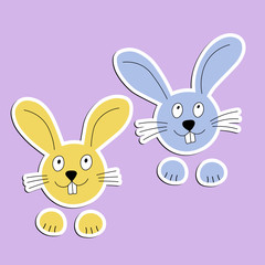 Cute stickers. Easter rabbits. Colorful bunny. Isolated icon on color background. Vector cartoon illustration. Hand drawn design, doodle style.