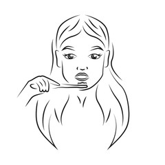 Woman brushing teeth contour portrait vector illustration. Girl face and toothbrush realistic line art. Lady whitening teeth, daily morning hygienic routine outline character on white background
