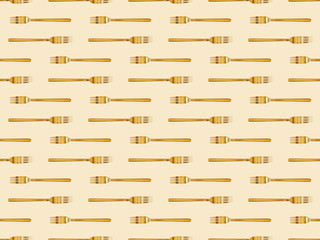 top view of golden forks isolated on beige, seamless background pattern
