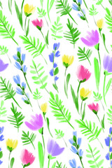 Floral seamless background pattern. Colorful spring flowers hand drawn, vector. Spring summer. Fabric swatch, textile design