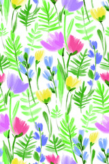 Floral seamless background pattern. Colorful spring flowers hand drawn, vector. Spring summer. Fabric swatch, textile design