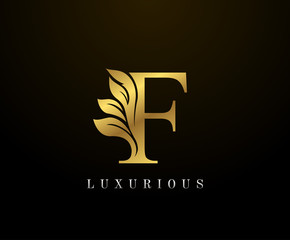 Golden Elegant letter F Floral logo. Vintage drawn emblem for book design, weeding card, brand name, business card, Restaurant, Boutique, Hotel.