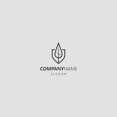 black and white simple vector line art outline iconic logo of leaf of a plant or tree on a shield