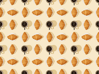 top view of croissants and coffee on beige, seamless background pattern
