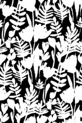 Fototapeta premium Floral seamless background pattern. Black and white spring flowers hand drawn, vector. Spring summer. Fabric swatch, textile design,wrapping paper