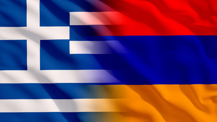 Waving Greece and Armenia National Flags with Fabric Texture