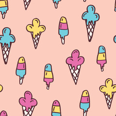 Colorful Hand-Drawn Felt Tip Marker Melting Ice Cream Cones and Scoops Vector Seamless Pattern. Cute Summer Trendy Kids Print for Fashion, Textiles