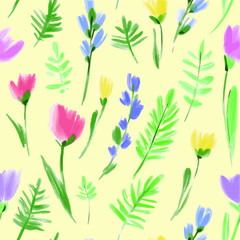 Fototapeta na wymiar Floral seamless background pattern. Colorful spring flowers hand drawn, vector. Spring summer. Fabric swatch, textile design