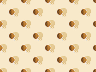 top view of cups of fresh coffee on beige, seamless background pattern