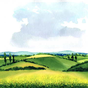 Field with green grass and blue sky, beautiful spring rural landscape with hills, outdoor, countryside, summer meadow, grass on a pasture, nature background, hand drawn watercolor illustration