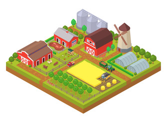 Agricultural isometric composition with farm - obrazy, fototapety, plakaty