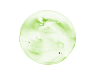 Clear green gel serum smear smudge swatch isolated on white. Transparent skincare aloe vera liquid cream texture. Face serum, alcohol gel, hand sanitizer sample closeup