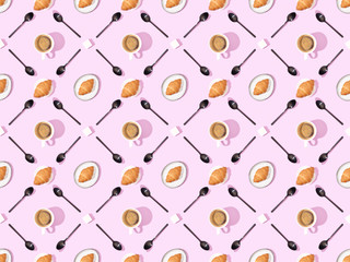 top view of spoons, sugar, croissants on plates and coffee on pink, seamless background pattern