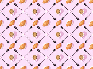 top view of spoons, sugar, croissants on plates and coffee on pink, seamless background pattern