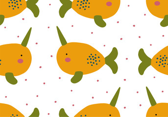 Whale pattern , seamless background with jungle illustartion.
