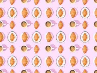 top view of croissants and coffee on pink, seamless background pattern