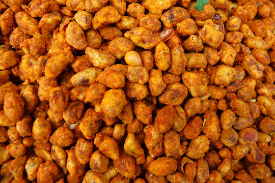 Spicy, salted, fried, hot, peanuts pattern or background top view