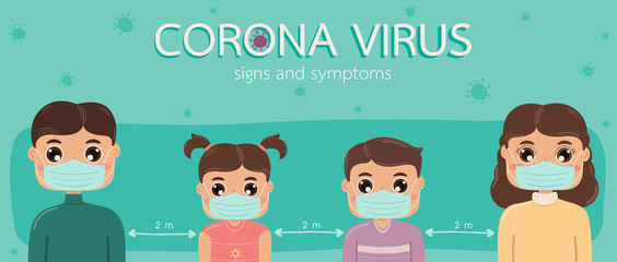 Ladies and gentlemen, including girls and boys wearing a surgical mask Keep a distance of 2 meters between each other. Corona protection (Covid-2019).