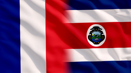 Fototapeta premium Waving France and Costa Rica National Flags with Fabric Texture