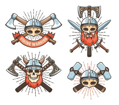 Viking warrior vintage logo. Medieval northern knight retro emblem. Vector illustration.
