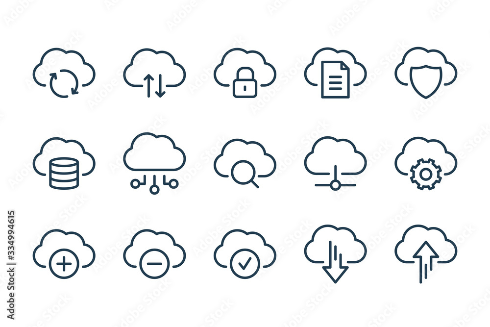 Poster cloud service and network related line icons. database and online storage vector linear icon set.