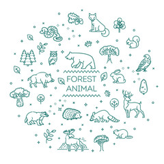 Vector. Set of linear vector forest animals © tettygreen