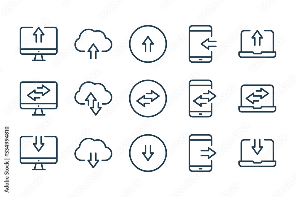 Poster Synchronization and Data transfer related line icons. Data exchange vector linear icon set.