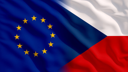 Waving EU and Czech Republic National Flags with Fabric Texture