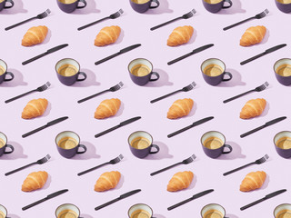 black forks and knives, croissants and coffee on violet, seamless background pattern