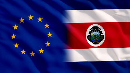 Waving EU and Costa Rica National Flags with Fabric Texture