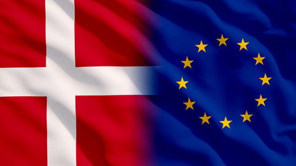 Waving EU and Denmark National Flags with Fabric Texture