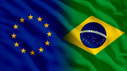 Waving EU and Brazil National Flags with Fabric Texture