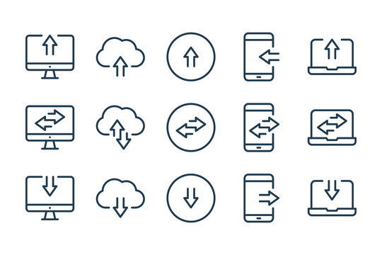 Synchronization And Data Transfer Related Line Icons. Data Exchange Vector Linear Icon Set.