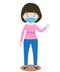 A girl is wearing protective Medical mask for prevent virus Wuhan Covid-19. Vector illustration isolated in white.