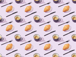 black forks and knives, croissants and coffee on violet, seamless background pattern