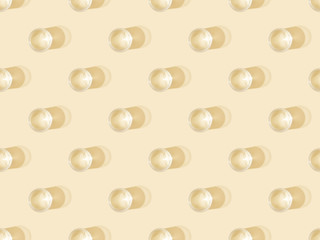 top view of glasses of water on beige, seamless background pattern