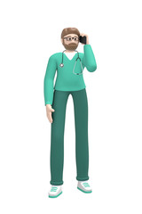 Medical character young white man doctor in a suit talking on the phone, accepts a call. Cartoon person isolated on a white background. 3D rendering.