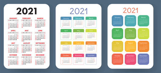 Calendar 2021 set. Vector calender template collection. Simple design. Week starts on Sunday. January, February, March, April, May, June, July, August, September, October, November, December