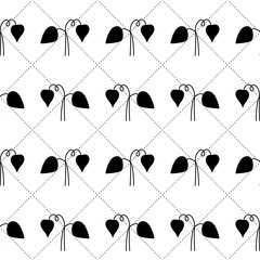 Abstract floral seamless pattern with leaves, netting with circles. Simple geometric style. Black and white outline vector background. Decorative squared grid and branches.