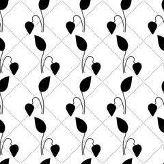 Abstract floral seamless pattern with leaves, netting with circles. Simple geometric style. Black and white outline vector background. Decorative squared grid and branches.