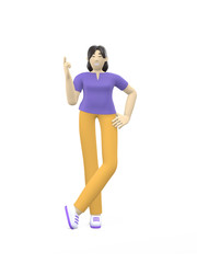 3D rendering character of an asian girl pointing finger up. Concept idea, direction, attention. Positive illustration is isolated on a white background.