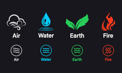 Four elements of nature Air, fire, water, earth. Elements of the nature - Earth, Water, Air and Fire, Natural concept. Vector logo template. Concept for nature energy, synergy, tourism, travel